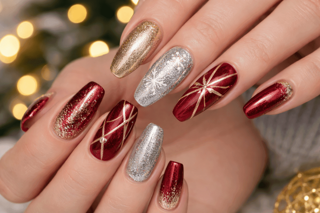 winter nail designs:Glittering accents or geometric lines for an elevated holiday look.