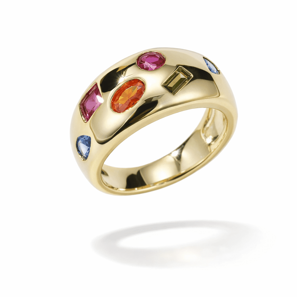 gold dome ring 18k gold vermeil modern dome band with multicolor gemstone inlays in mixed cuts