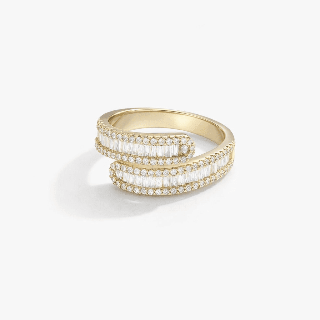 gold wrap ring gold modern wrap design with baguette row and pavé halo sparkle, polished band finish
