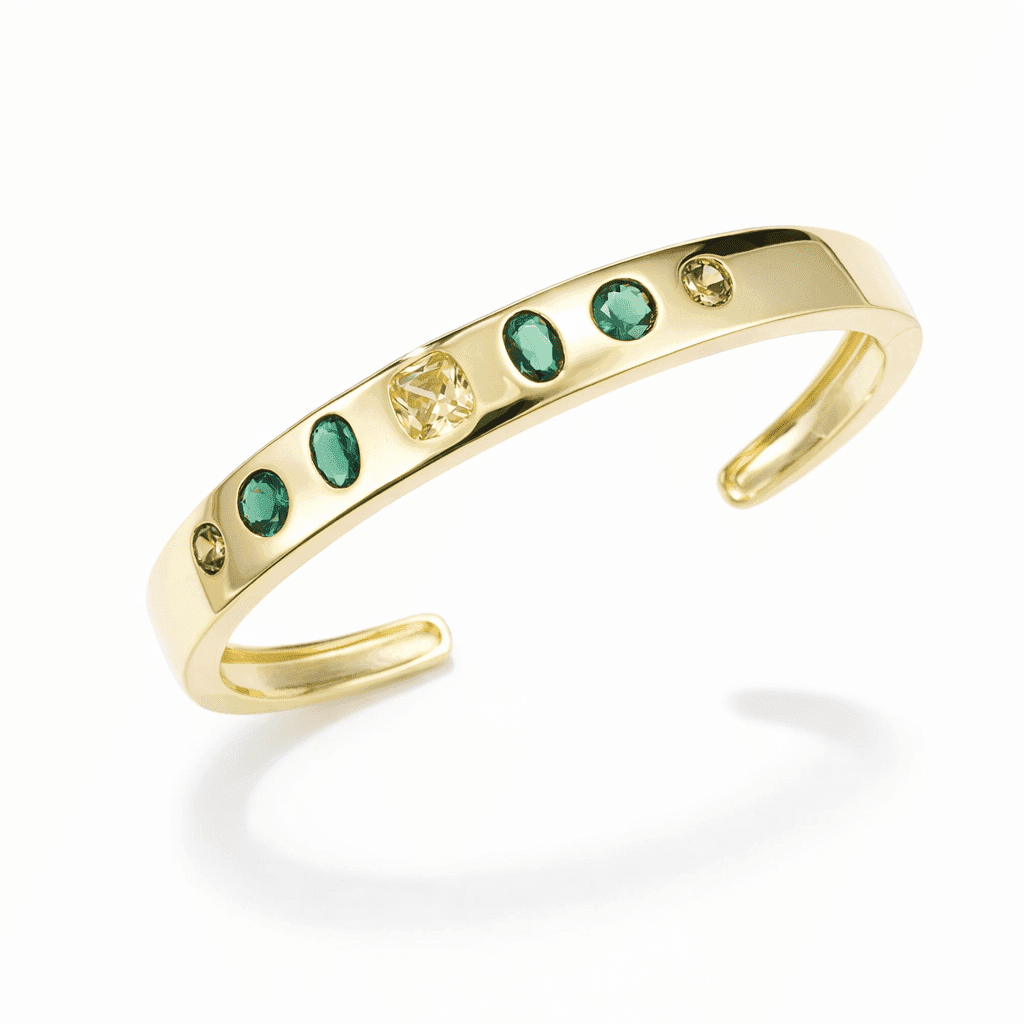 gold cuff bracelet 18k gold vermeil modern open cuff with bezel-set green stones and citrine-toned center