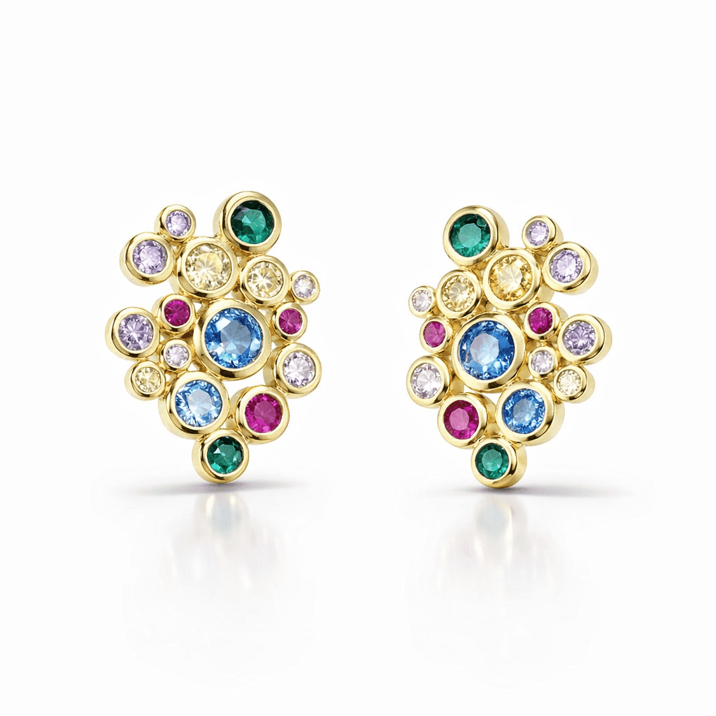 18k gold vermeil stud earrings with multicolor gemstone cluster, bezel-set rounds in modern floral layout