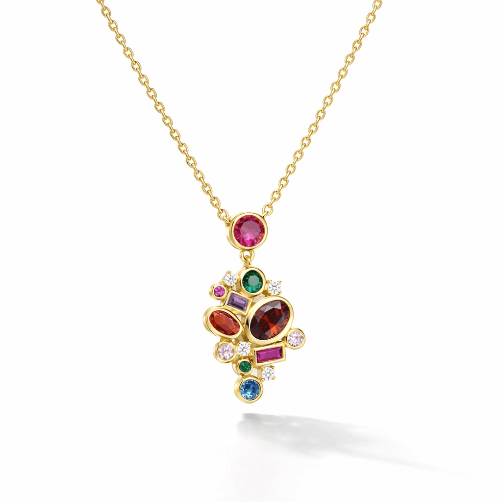 gold necklace with multicolor gem pendant in 18k gold vermeil, modern bezel-set gemstone cluster charm