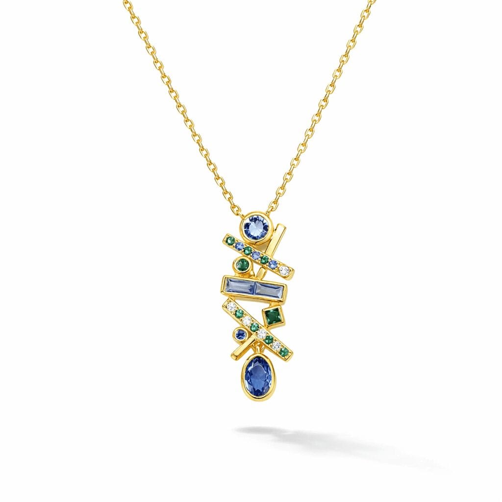 gold pendant necklace with blue stone 18k gold vermeil geometric pendant with blue and green stones and crystal accents