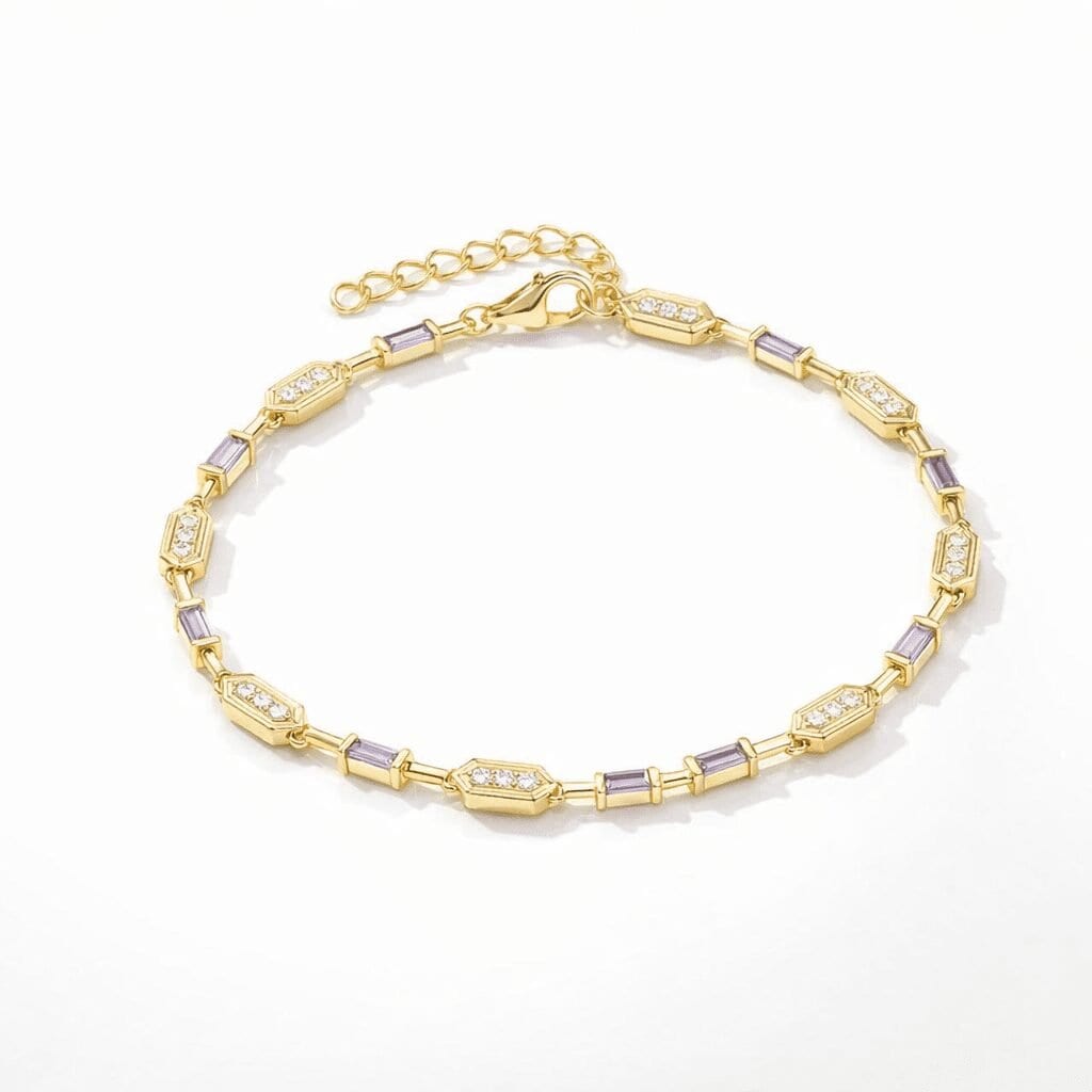 Gold link bracelet with baguette stones in 18k gold vermeil with lilac baguettes and crystal station links