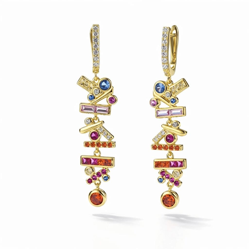 18k gold vermeil drop earrings with multicolor stones, modern geometric bars, pavé huggie hoops and bezel drops