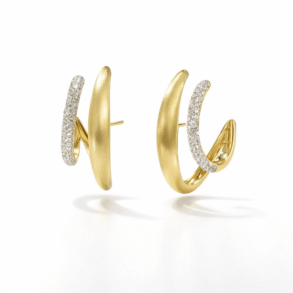 gold hoop earrings 18k gold vermeil modern sculptural hoops with satin finish and pavé crystal arc detail