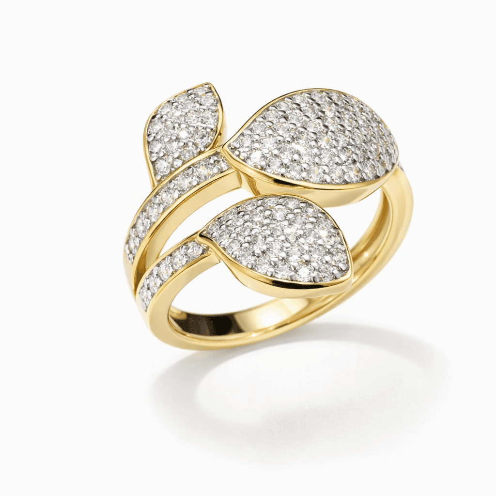gold leaf ring 18k gold vermeil modern pavé leaf design with triple-leaf silhouette and diamond-like stones