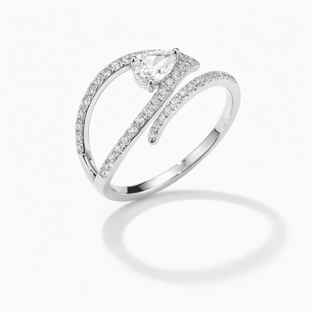 silver open ring sterling silver modern wrap design with pear-cut clear stone and pavé-set sparkling accents