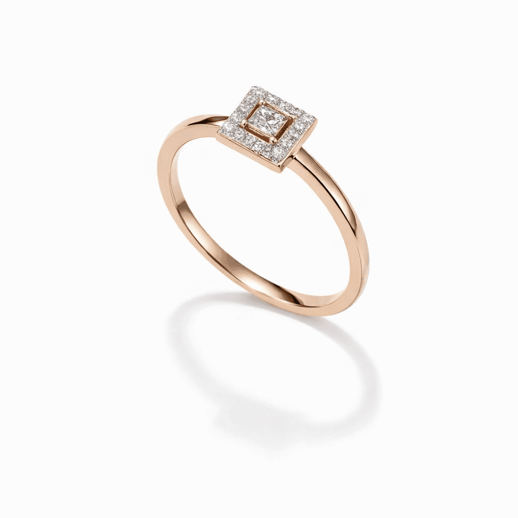 rose gold ring 18k gold vermeil modern square halo setting with clear pavé stones and polished slim band