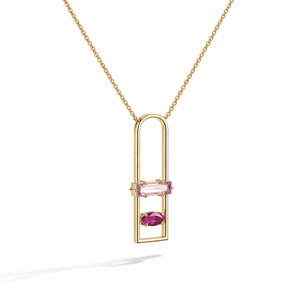 gold pendant necklace 18k gold vermeil geometric open-frame pendant with pink baguette and marquise gemstones