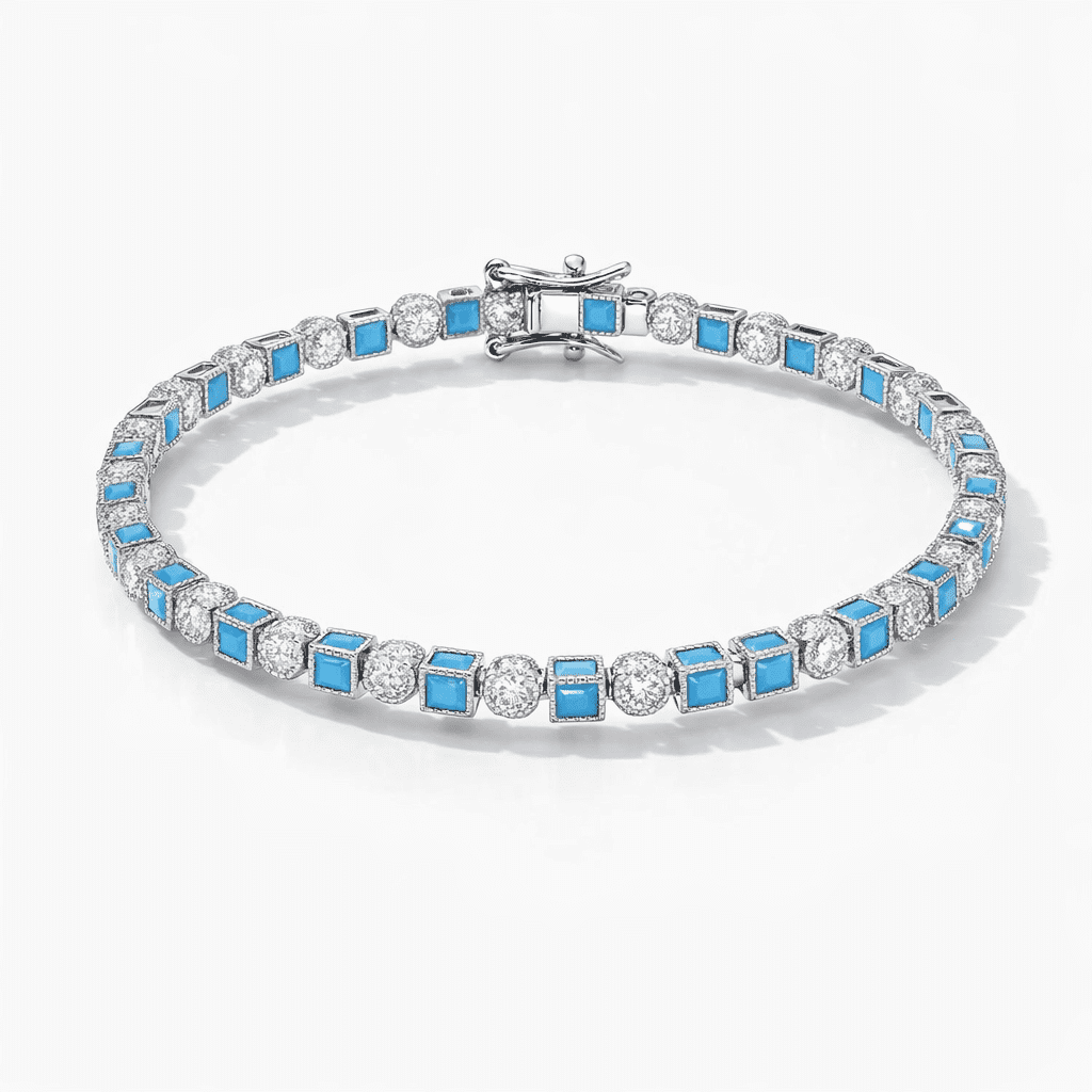 silver tennis bracelet in silver-tone metal with sky-blue square stations and clear crystal rounds, modern link design