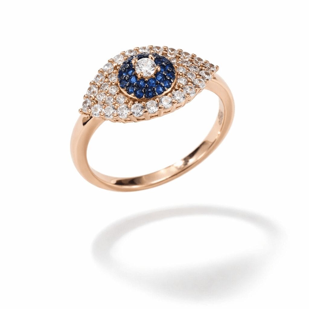 evil eye ring 18k gold vermeil modern marquise eye with sapphire-blue center and sparkling pavé halo stones