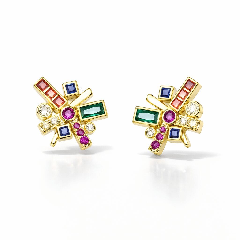 gold stud earrings in 18k gold vermeil geometric starburst with multicolor baguette and square gemstone accents