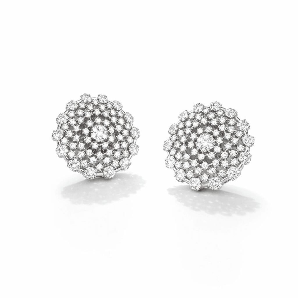 silver cluster stud earrings silver vintage round halo design with pavé crystal stones and domed floral cluster detail