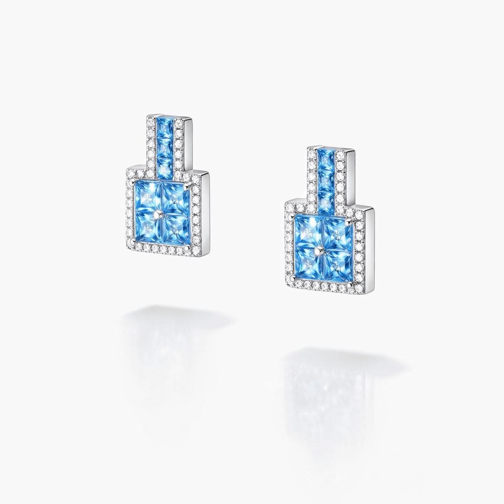silver blue crystal stud earrings sterling silver geometric halo studs with square ice-blue crystals and clear pavé accents