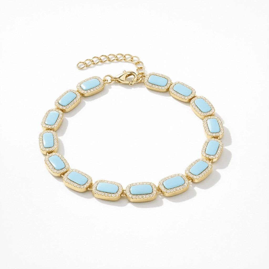 gold tennis bracelet 18k gold vermeil modern station links with sky-blue inlay and pavé crystal halo accents