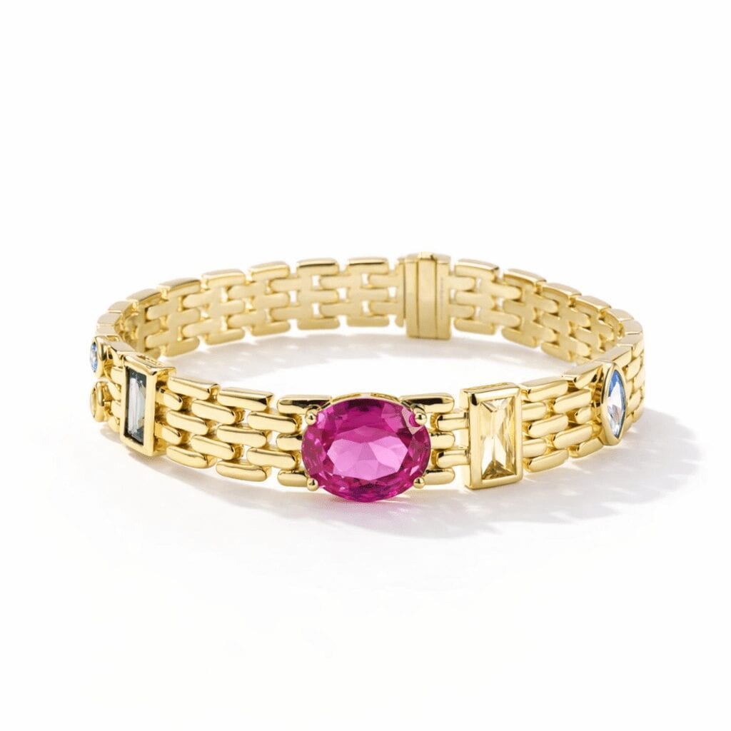 vermeil bracelet in 18k gold vermeil with oval pink centerpiece, baguette accents, and polished link chain design