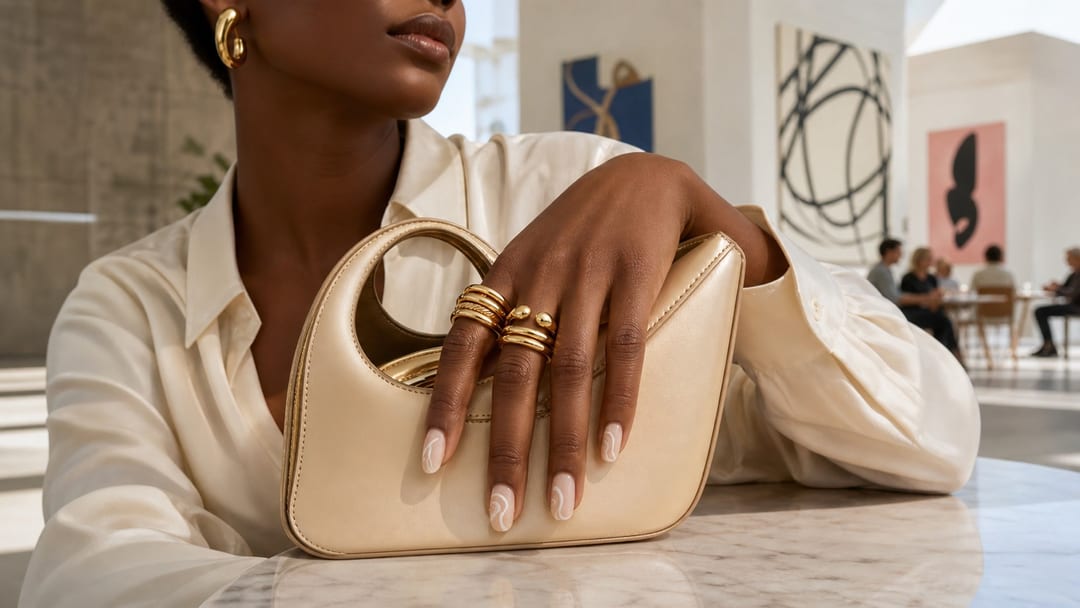 Gold jewelry with brown nails styled with cream press-ons and chocolate linework on greige silk