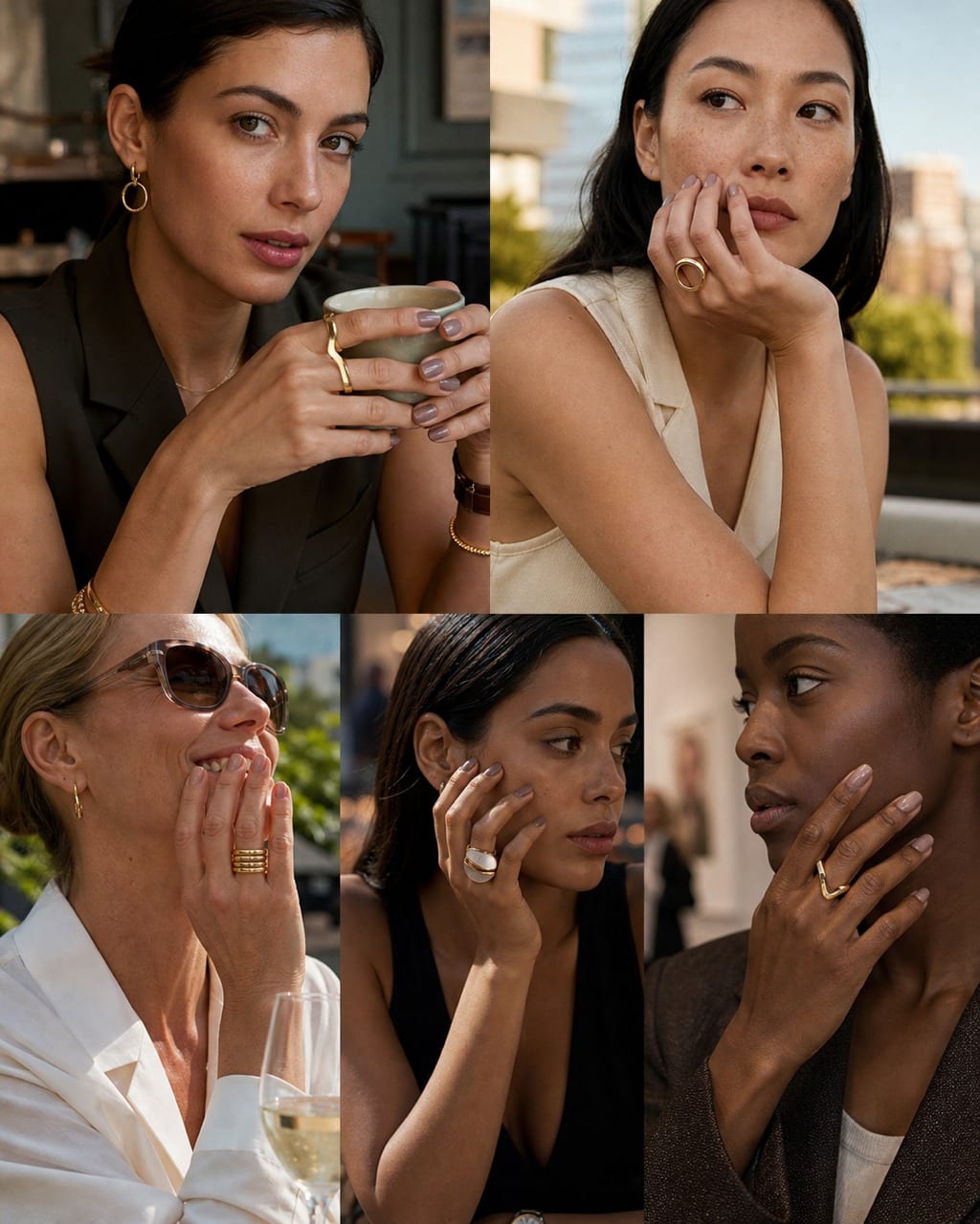 Gold jewelry with brown nails outfit cards for coffee, brunch, date, Easter, and gallery styling