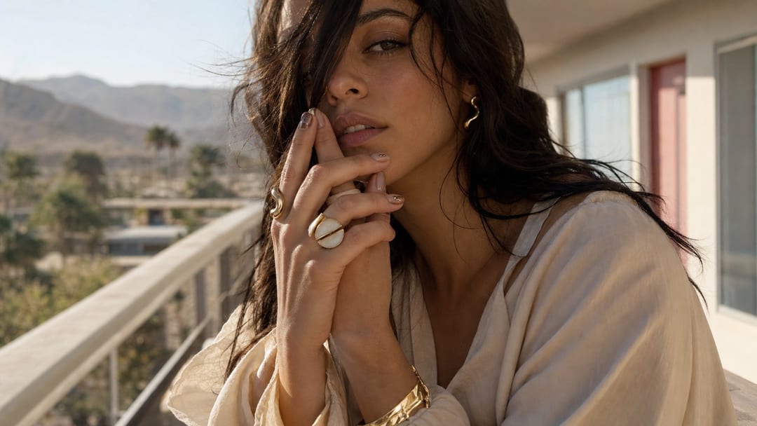 Coachella-inspired nails with chrome desert press-on styling and tiny metal accents