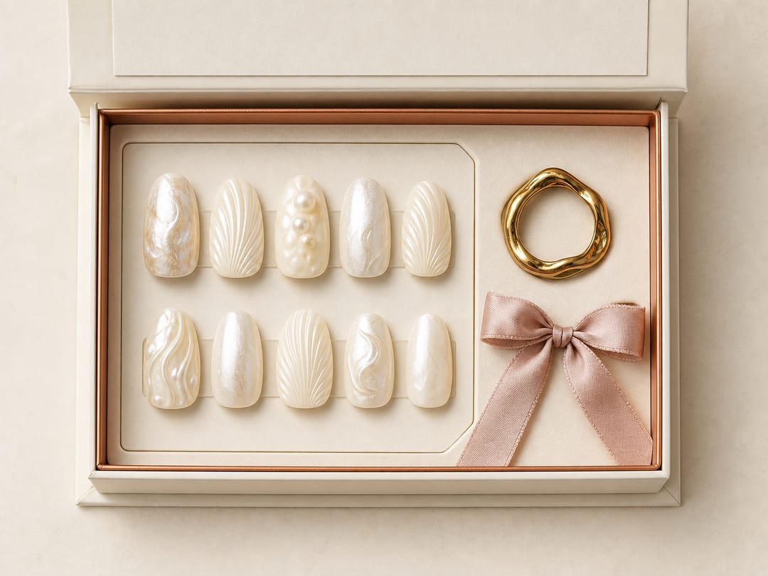 Flat lay of a Costume Art inspired press-on nail and jewelry box with pearl nails and a gold ring