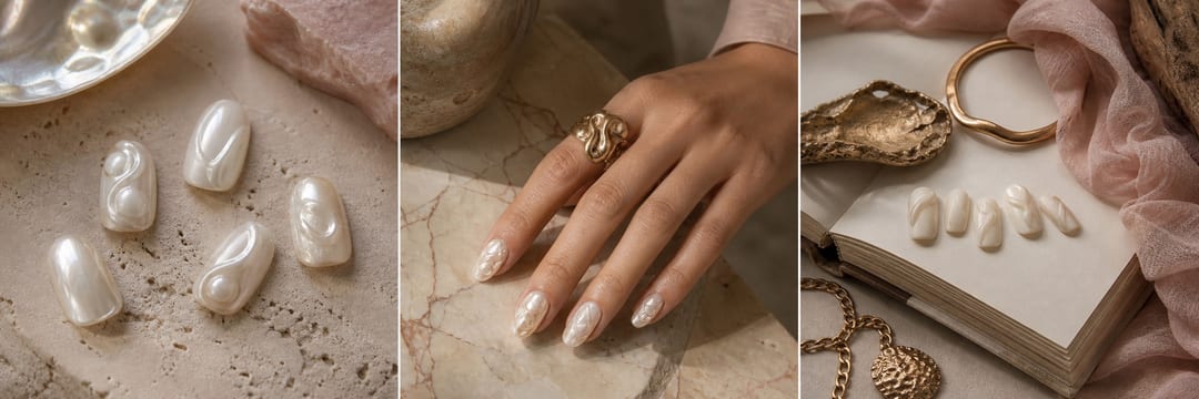 Triptych of press-on nails, sculptural jewelry and museum-inspired hand styling
