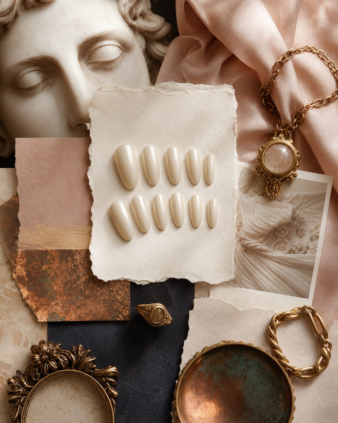Moodboard of ivory press-on nails, marble sculpture, old gold jewelry and museum wall colors