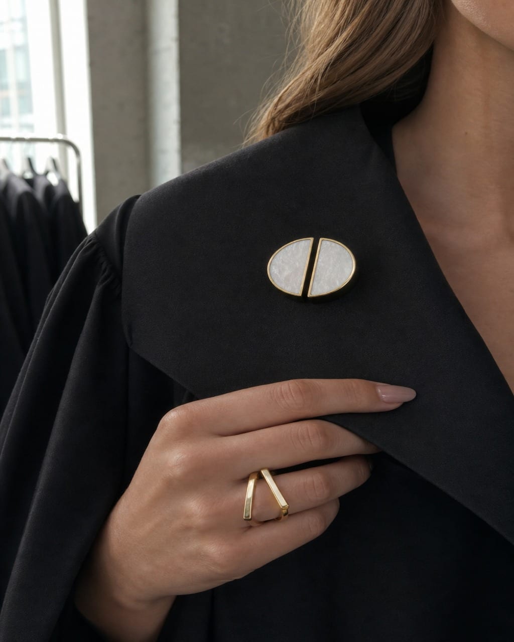 graduation nails in pearl gray with a brushed silver brooch for ceremony styling