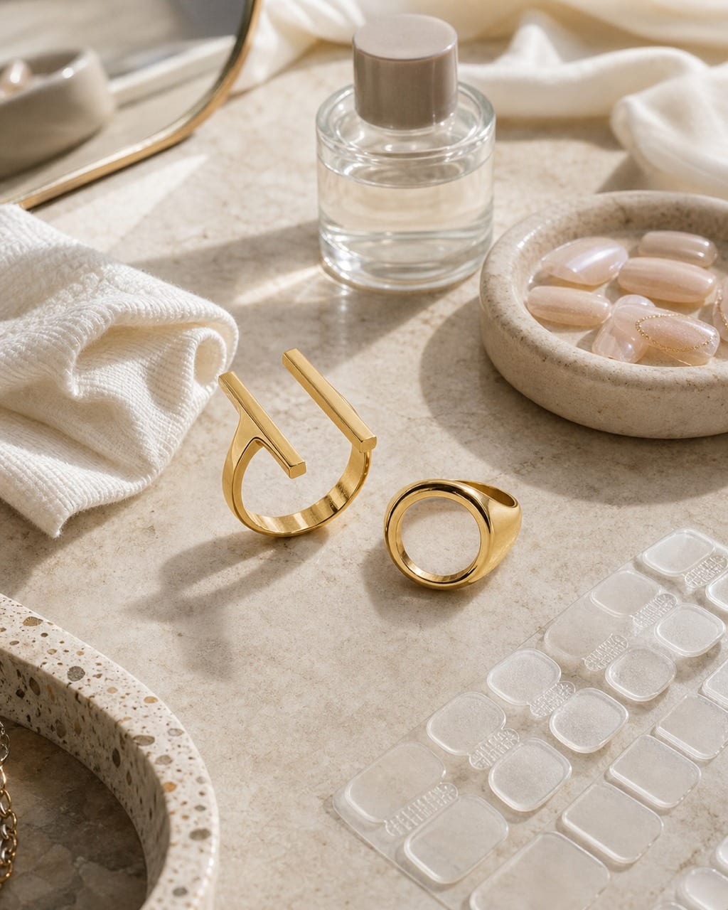 graduation nails press-on care layout with adhesive tabs and smoky ivory packaging