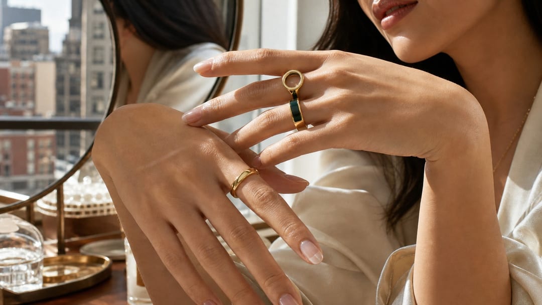 Pride hand styling with gray press-on nails and one peony enamel accent