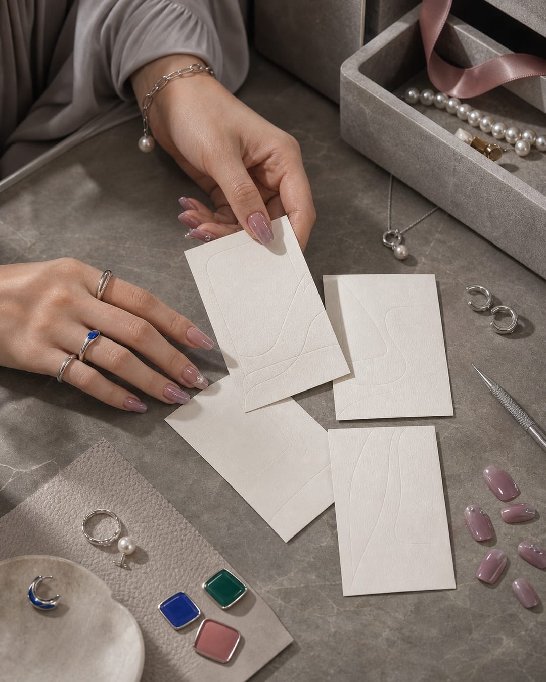 Jewelry gifts for girlfriend mood card concept paired with Valentine’s Day nails and soft silver jewelry