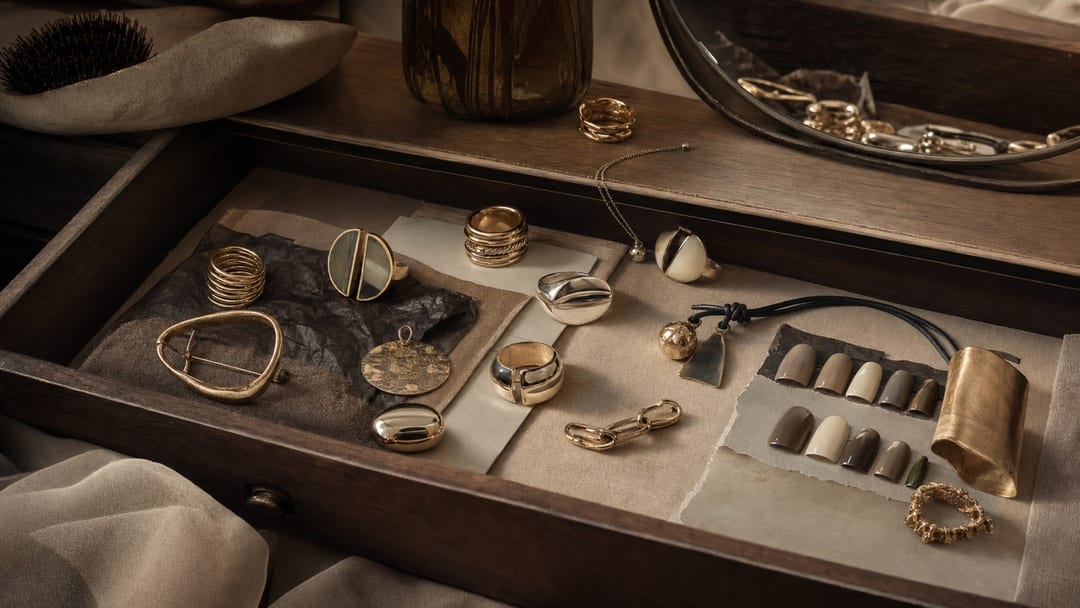 Identity switch accessories arranged in a warm gray drawer as a wearable archive