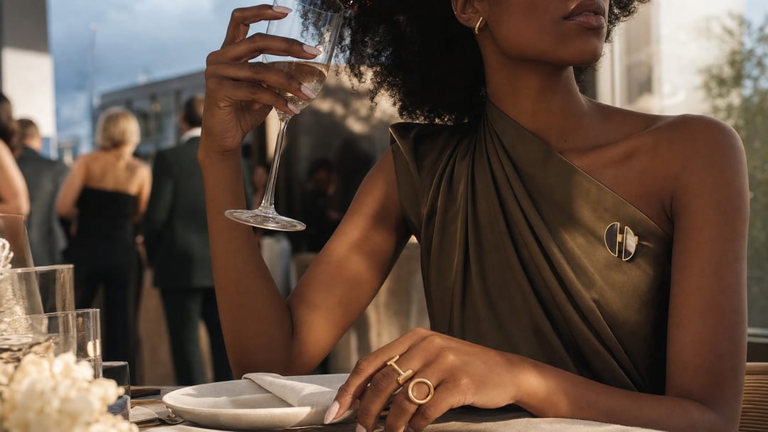 Wedding guest accessories hands with pearl gray nails glassware sculptural ring and jade accent at reception table