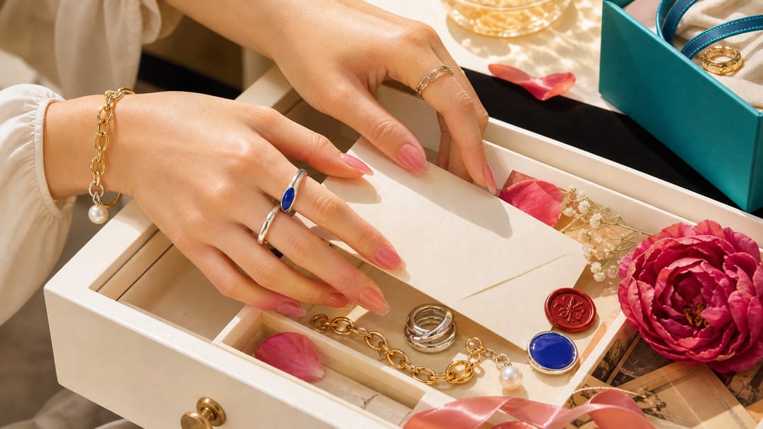 Meaningful jewelry and romantic objects styled as a Love Letter Drawer with an unsent note and soft gray press-on nails