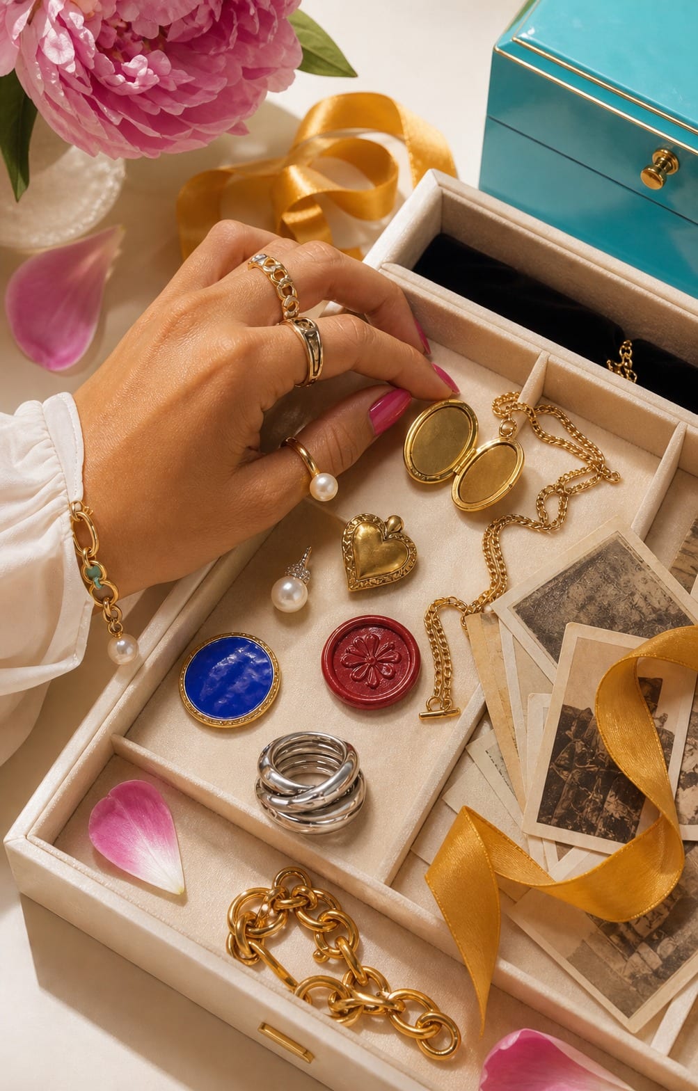 Meaningful jewelry history moodboard: love tokens, lockets, and romantic objects reimagined in gray and soft silver