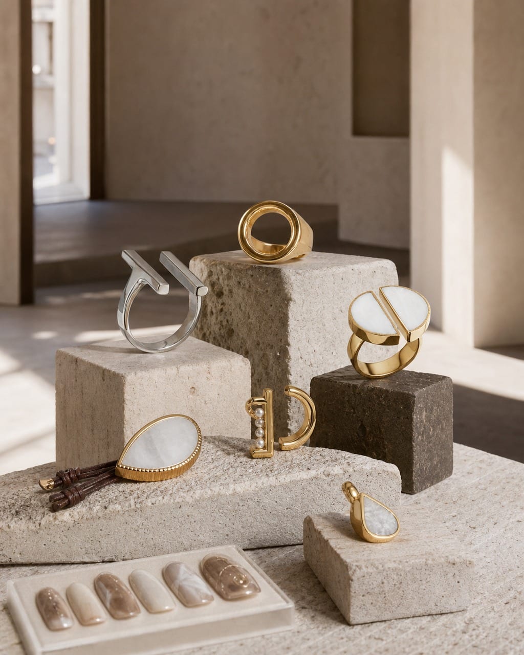 Identity switch accessories styled as portable architecture on gray gallery plinths