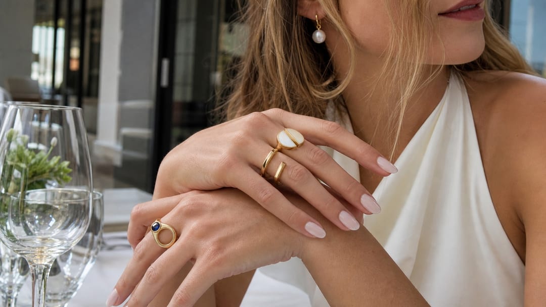 Bridal nails in ivory pearl gray with a cobalt accent beside sculptural silver rings at a wedding table