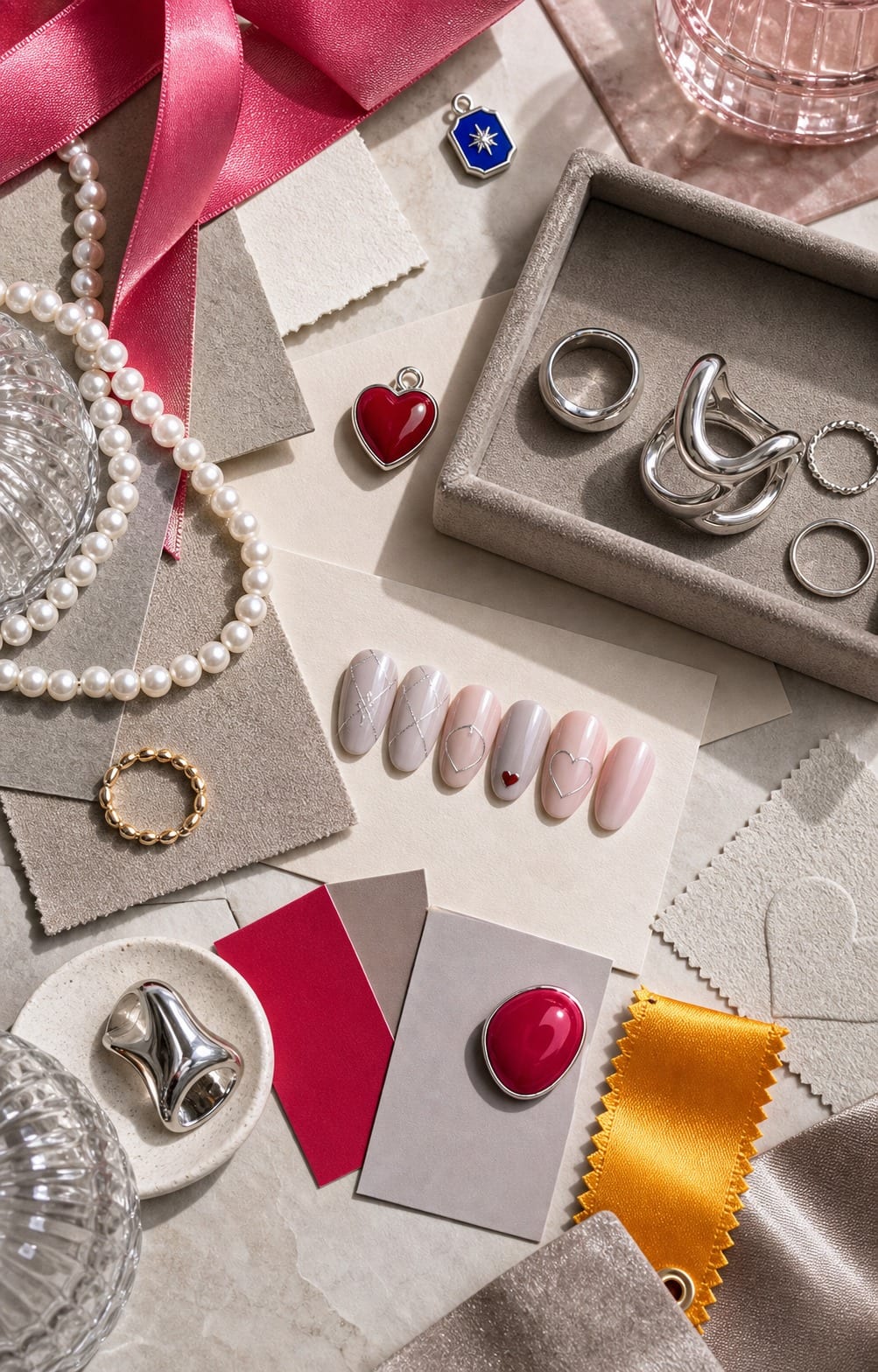 Valentine’s Day nails and jewelry palette board in warm gray-pink, smoky ivory, and soft silver with one vivid accent