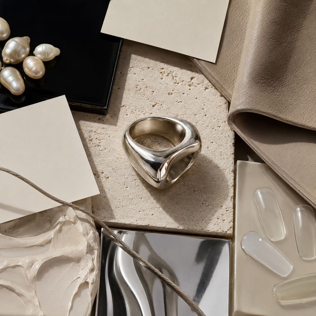 Nail art texture inspired by lacquer plaster chrome and sculptural rings