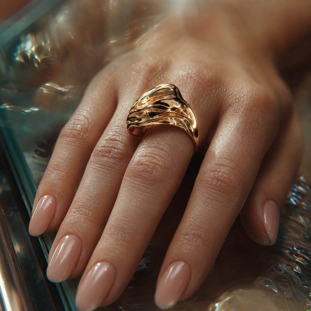 Movie inspired nails with sculptural ring and evening jewelry for event styling