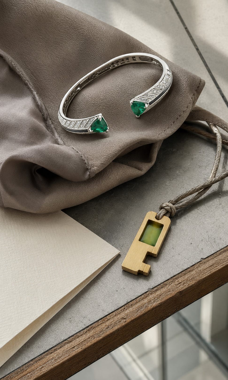 Bridesmaid gifts with a Room Key charm warm taupe pouch and jade enamel accent