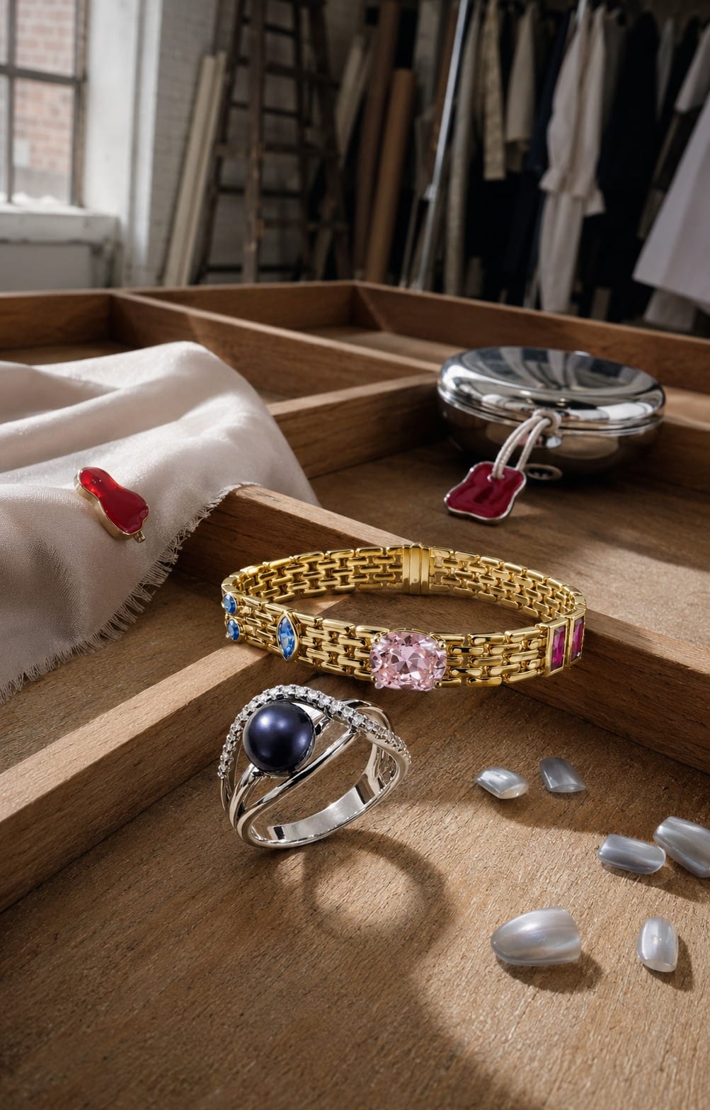 Wedding guest accessories hands drawer with brooch bag charm press-on nails and ruby lacquer detail