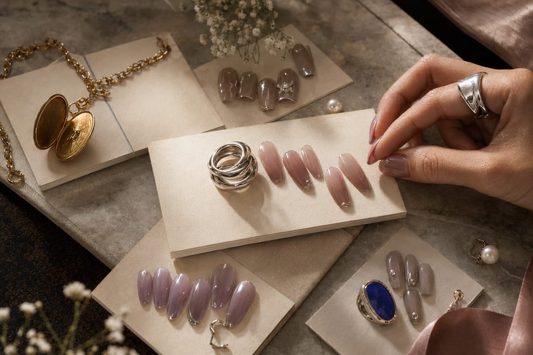 Meaningful jewelry paired with press-on nails as temporary emotional surfaces in an reference-led color and material direction setting