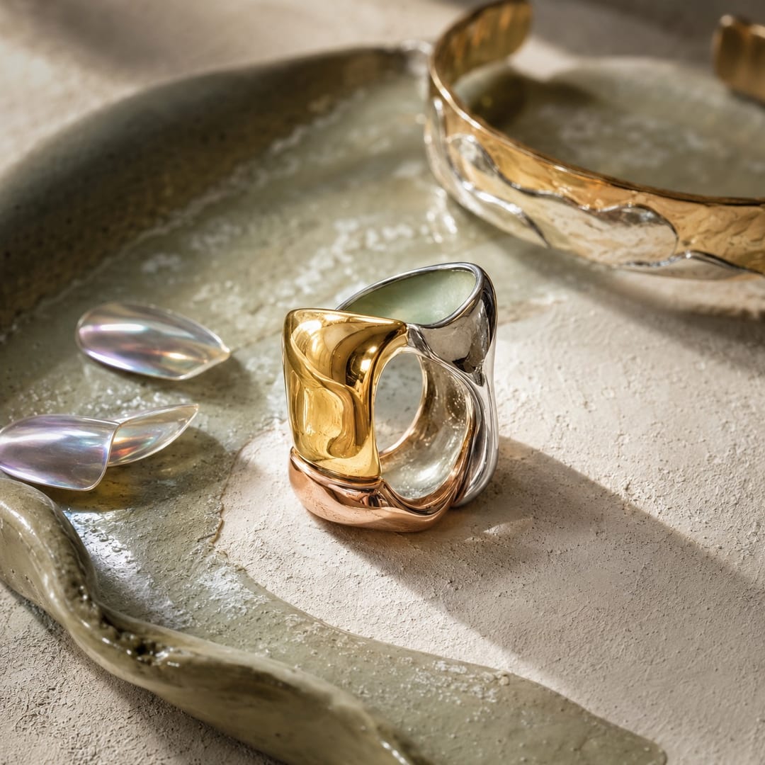 Mixed metal jewelry and press-on nails styled for curated maximalism