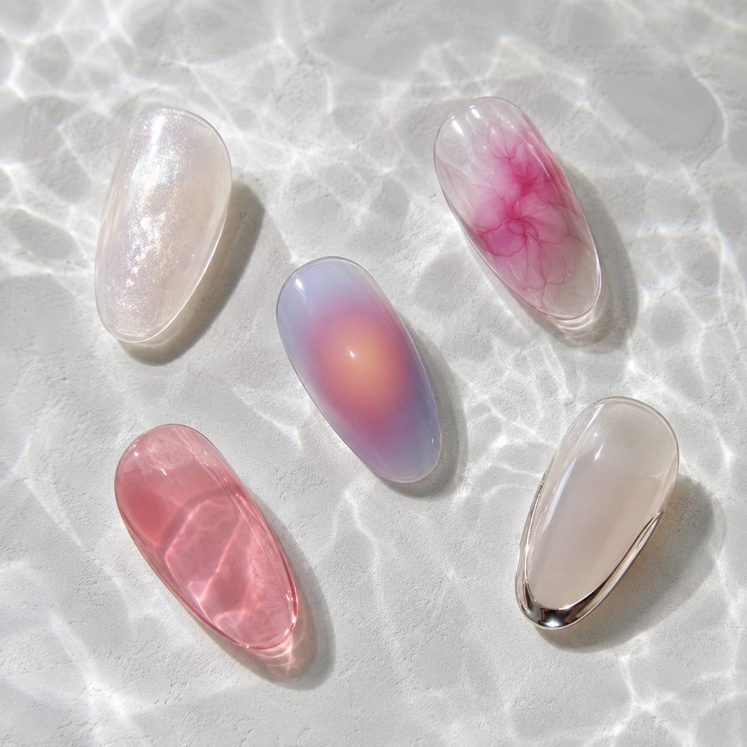 Pearl nails blooming gel nails and aura nails as press-on nail surface design