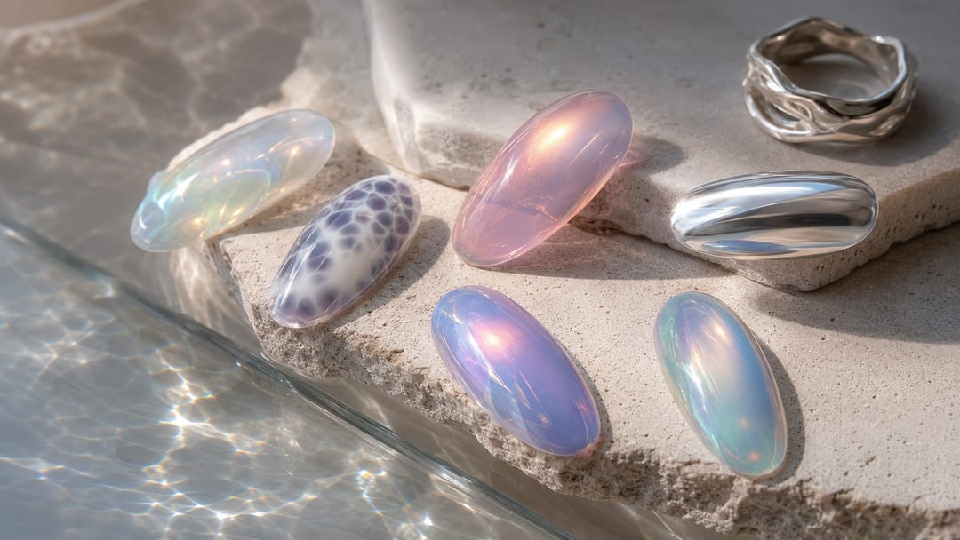 Summer nail trends 2026 with pearl blooming gel aura and chrome press-on nails
