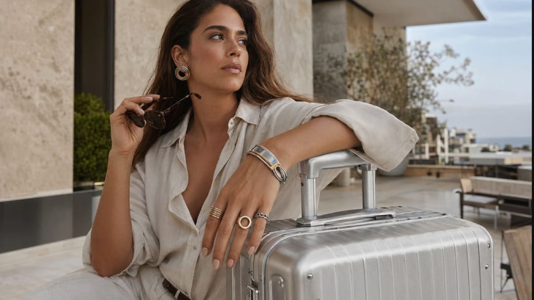 travel nails arranged with jewelry in a warm gray hotel drawer for a 7-day capsule hand