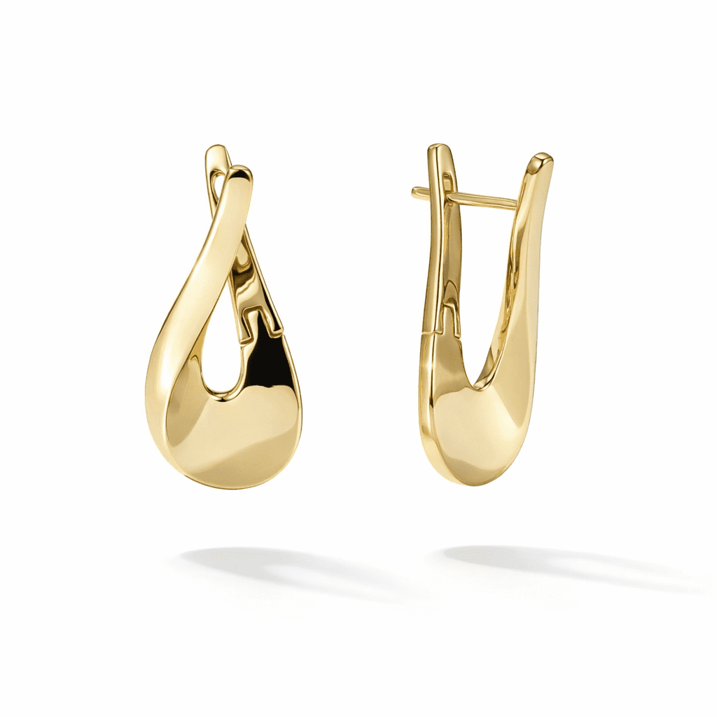 gold drop earrings in 18k gold vermeil, modern sculptural teardrop loop design with high-polish finish