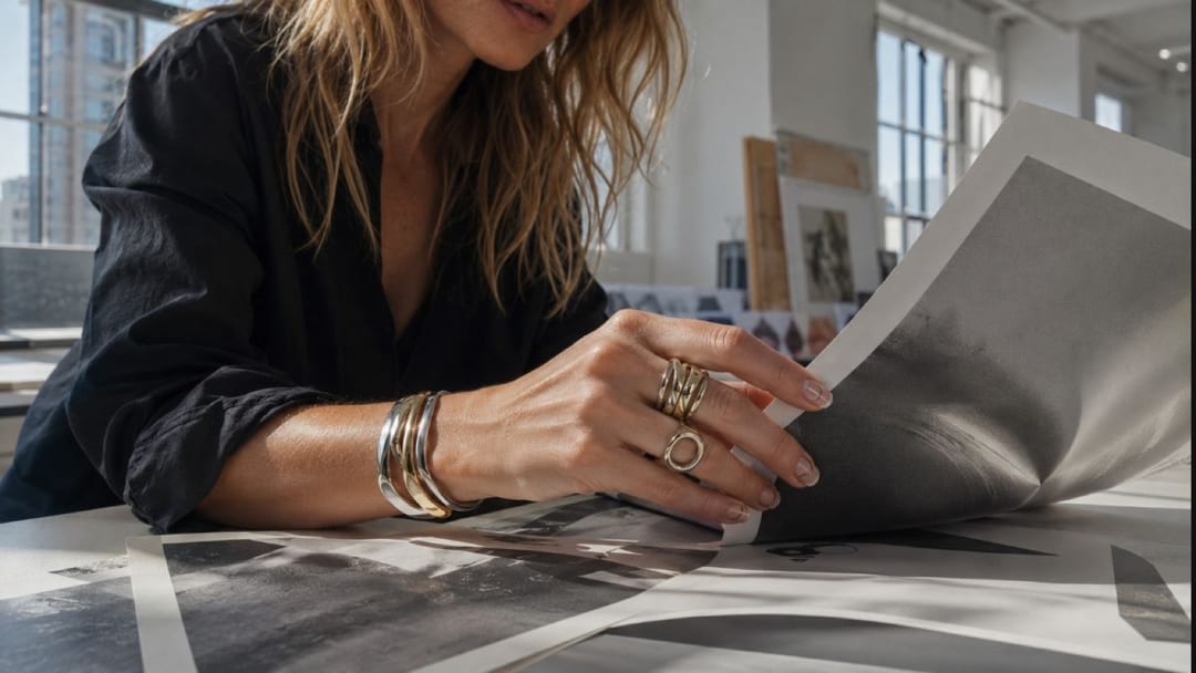 Work-appropriate press-on nails with soft silver line and sculptural ring