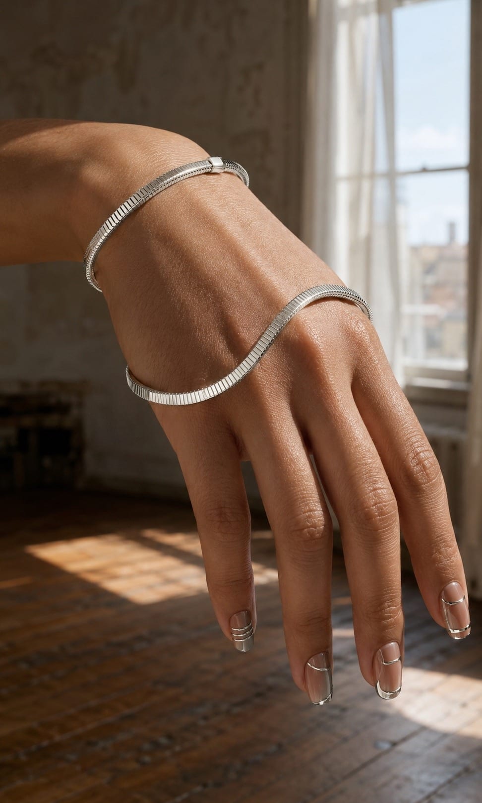 Fashion is art in a close-up hand styled with artistic press-on nails and sculptural silver jewelry as wearable art.